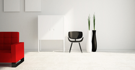 Modern and minimalist bright interior of living room with red sofa and white furniture . 3d rendering .の写真素材