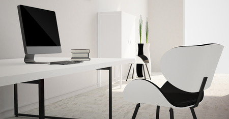 Modern and minimalist bright interior of living room with black and white furniture . 3d rendering .の写真素材