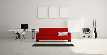 Modern and minimalist bright interior of living room with red sofa and white furniture . 3d rendering .の写真素材