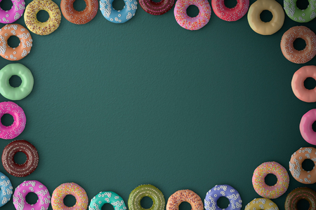 Top view various donut on green background . 3d rendering .の写真素材