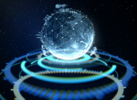 Abstract globe with connected dots wireless communication network on space . Global business concept . 3d renderingの写真素材