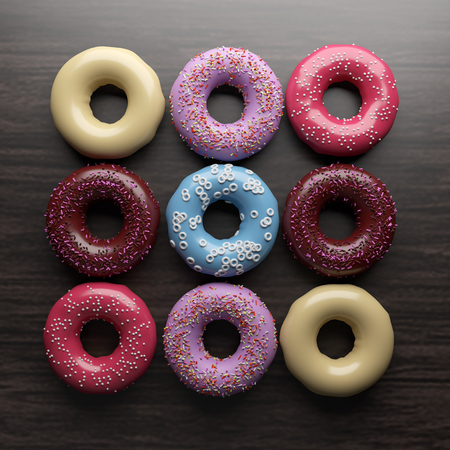 Top view various donut  on wooden table . 3d rendering .の写真素材