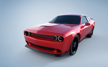 Front top angle view of a generic red brandless American muscle car on a light blue background . Transportation concept . 3d illustration and 3d render.の写真素材
