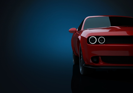 Front angle view of a generic red brandless American muscle car on a dark blue background . Transportation concept . 3d illustration and 3d render.の写真素材
