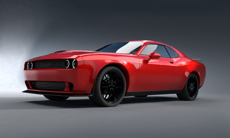 Front angle view of a generic red brandless American muscle car on a grey background . Transportation concept . 3d illustration and 3d render.の写真素材