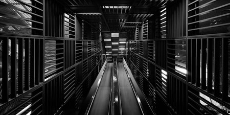 Abstract Black and White close up detail view mechanical escalator