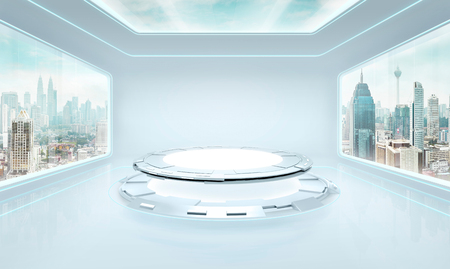 Futuristic pure white interior design of modern showroom with large windows and city urban landscape . Mixed media .の写真素材