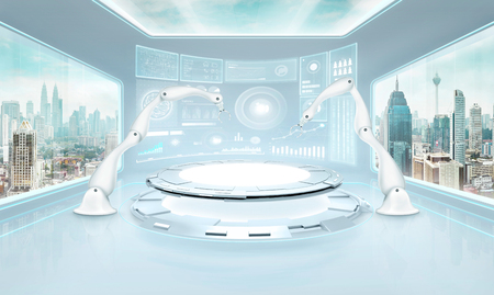 Two rendering assembly robot arm in futuristic lab with large windows and city urban landscape . Mixed media .の写真素材