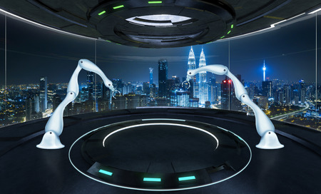 Two rendering assembly robot arm in futuristic lab with large windows and city urban landscape . Mixed media .の写真素材