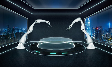 Two rendering assembly robot arm in futuristic lab with large windows and city urban landscape . Mixed media .の写真素材