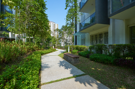 walk way of modern residential buildings, Facade of new low-energy houses .の写真素材