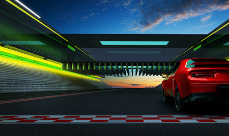 Rear left angle view of a generic red brandless American muscle car on a race track background . Transportation concept .3d illustration and 3d render.の写真素材