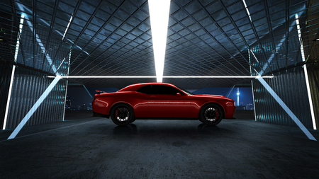 Side angle view of a generic red brandless American muscle car park at a modern garage . Transportation concept .3d illustration and 3d render.の写真素材