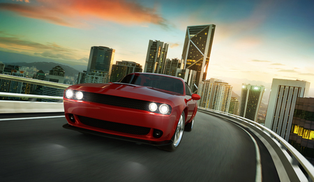 Front angle view of a generic red brandless American muscle car in a city street road with motion blur speed light trail effect . 3D Rendering .の写真素材