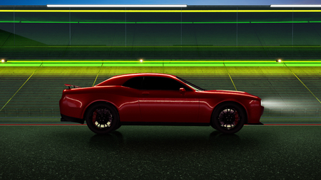 Side angle view of a generic red brandless American muscle car on a race track background . Transportation concept .3d illustration and 3d render.の写真素材