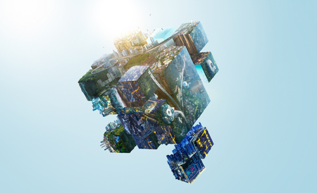 Fantasy puzzle cube of city and landscapes floating in the air , smart and creative city  global concept . Mixed mediaの写真素材