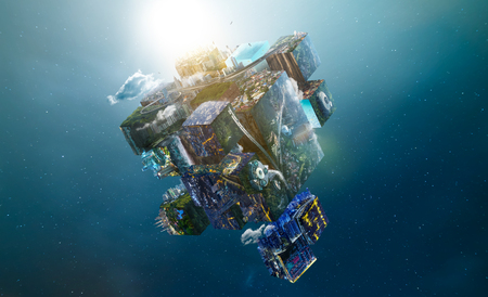 Fantasy puzzle cube of city and landscapes floating in the air , smart and creative city  global concept . Mixed mediaの写真素材