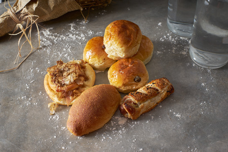 Fresh bake bread and buns on the table. Food concept  .の写真素材