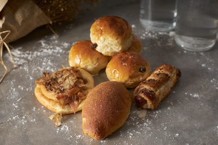 Fresh bake bread and buns on the table. Food concept  .の写真素材