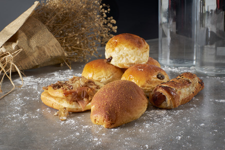 Fresh bake bread and buns on the table. Food concept  .の写真素材