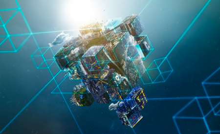 Fantasy puzzle cube of city and landscapes floating in the air , city scape and network connection concept .の写真素材