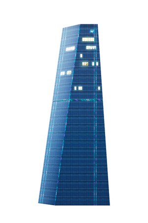 Modern commercial and business skyscraper with neon lights isolated on white background.の写真素材