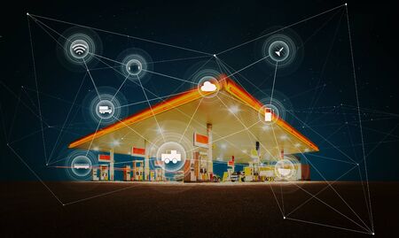 Gas station,traffic,vehicles, wireless communication network, internet of things. Smart automobile concept .の写真素材