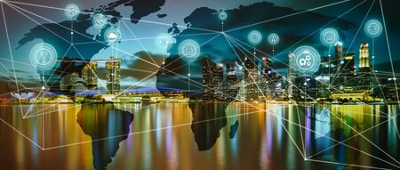 International business concept with modern city skyline background with network on map and internet of thingの写真素材