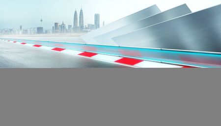 Perspective and straight race track in motion , city background and futuristic steel decoration design for modern car background .の写真素材