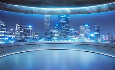 Empty unfurnished futuristic round shape interior design room with modern cityscape view from big glass window .の写真素材