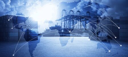 Multiple exposures effect of world map and logistic network distribution with container cargo freight ship in shipyard port background ,transportation trading business concept .の写真素材