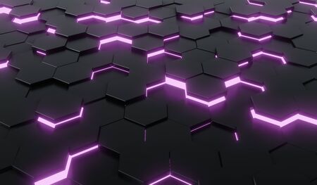 Abstract black of futuristic surface honeycom hexagon pattern with purple light rays ,3d big data network connection digital concept background , 3D Rendering .の写真素材