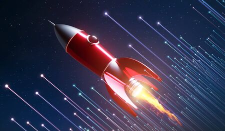 Metallic red antique style rocket space ship launch on space with light graphic effect background . Startup creative concept .3D rendering.の写真素材