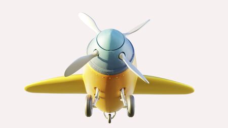 Front and low angle view of retro cute yellow and blue two seat airplane isolated on white background. 3D rendering .の写真素材
