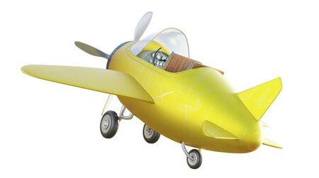 Rear angle view of retro cute yellow and blue two seat airplane isolated on white background. 3D rendering .の写真素材