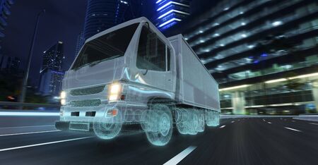 Abstract delivery truck with wireframe lighting effect run on the road at night, fast delivery, cargo logistic and freight shipping concept. 3d rendering.の写真素材