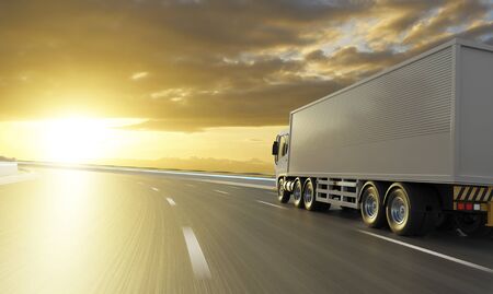 Rear angle view of delivery truck run on the road with sunrise cityscape,fast delivery,cargo logistic and freight shipping concept. 3d rendering.の写真素材