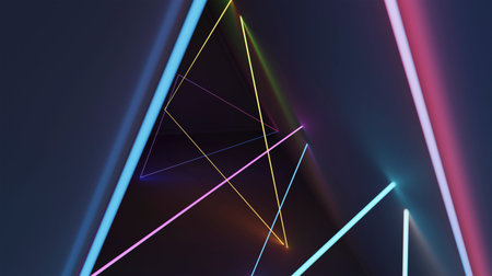 Abstract glowing vibrant  neon light in triangle dark room . 3D rendering .