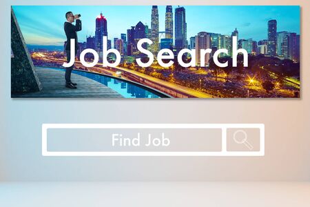 Horizontal banner of business man use the telescope to searching job, online recruitment and vacancy layout web page design .の写真素材