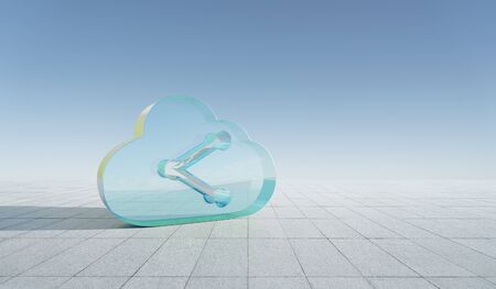 3d rendering digital techno transparent glass symbol of cloud with data share icon on floor with blue sky background.の写真素材
