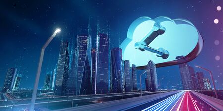 Virtual night smart city uploading big data to digital cloud storage. Abstract futuristic cloud fast speed technology concept. Mixed mediaの写真素材
