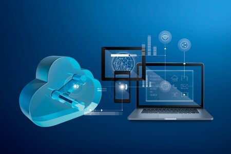 Cloud storage technology concept with computer, digital tablet, smartphone and upload download data information design.の写真素材