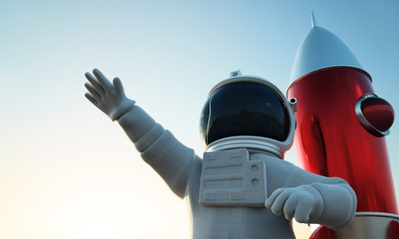 Astronaut and his spaceship, conceptual illustration of the dream of great exploration. 3D rendering.の写真素材