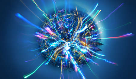 Abstract 360 degree sphere view of smart city and colorful gradient glowing Impulse flow light design, big data connection technology concept.の写真素材