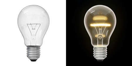 Lit and unlit transparent light bulbs isolated on black and white background. 3d rendering.の写真素材