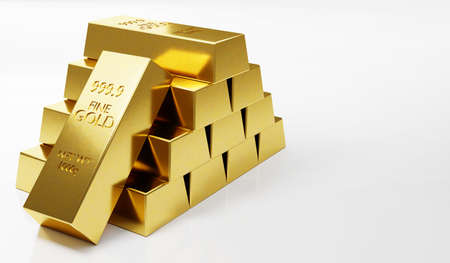 Gold bullion stack isolated on white background. Success in business and finance concept. 3d renderingの写真素材
