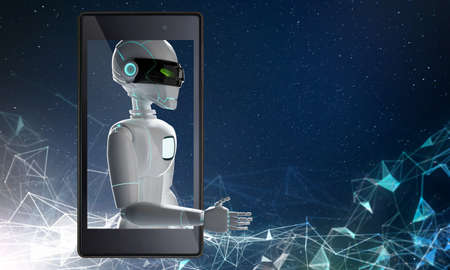 The hand of the robot in the phone reach out of the screen to welcome somebody. Welcome to futuristic technology concept.3d renderingの写真素材