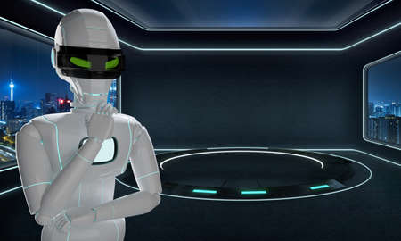 Ai Robot thinking with compute in futuristic lab with large windows and city urban landscape. Artificial intelligence technology concept. 3D renderingの写真素材