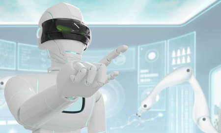 The Ai Robot finger points forward. Futuristic lab background. 3d renderingの写真素材