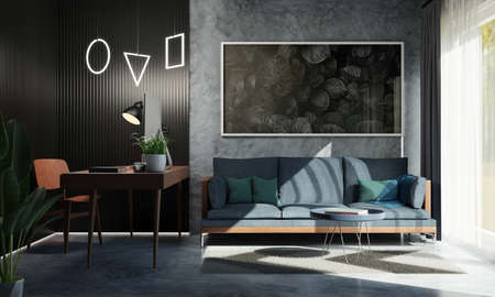 Home office interior with desk, computer, plant and furniture. 3d renderingの写真素材
